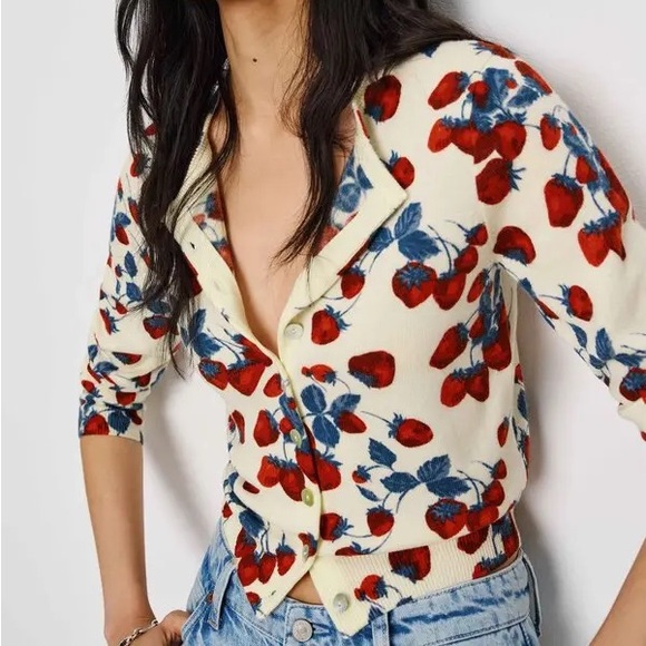 New REFORMATION Bernadette Crew Cardigan in Strawberry Jam - Picture 2 of 15